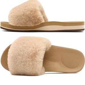 COFACE Womens Slides Fuzzy Slippers Open Toe Fluff Slippers With Arch Support